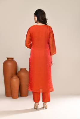 Orange satin embroidered kurta set 3