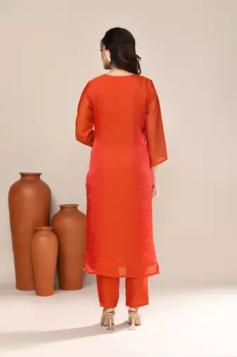 Orange satin embroidered kurta set