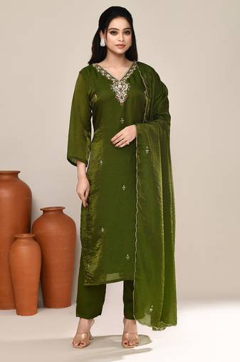 Mehendi green satin designer kurta set