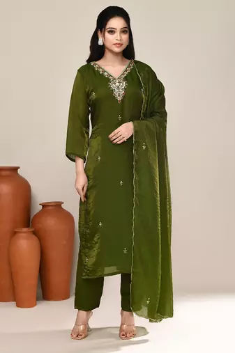 Mehendi green satin designer kurta set