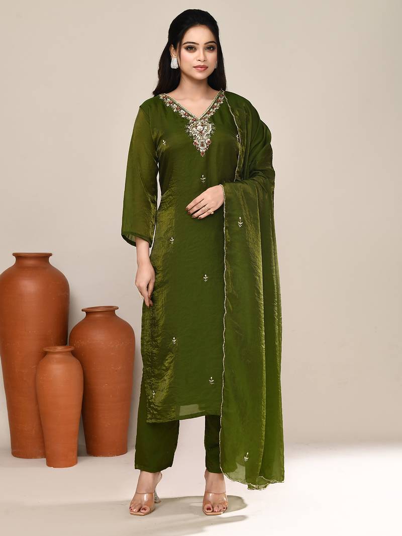 Mehendi green satin designer kurta set