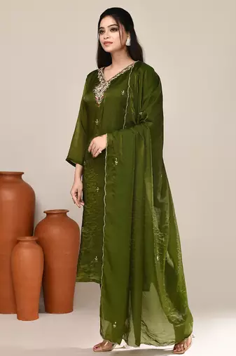 Mehendi green satin designer kurta set