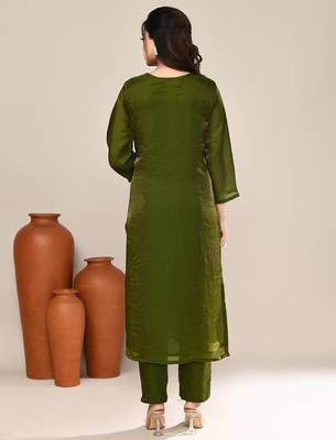 Mehendi green satin designer kurta set 3