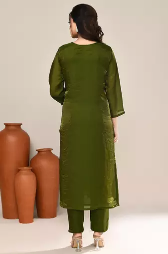 Mehendi green satin designer kurta set