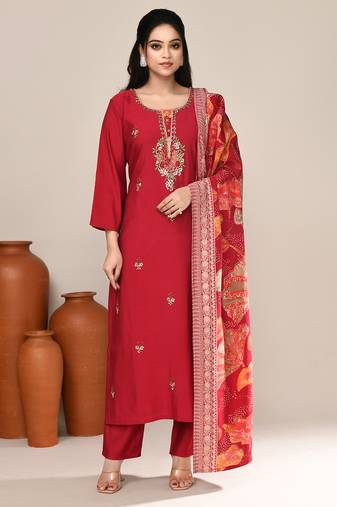 Maroon satin festive wear kurta set
