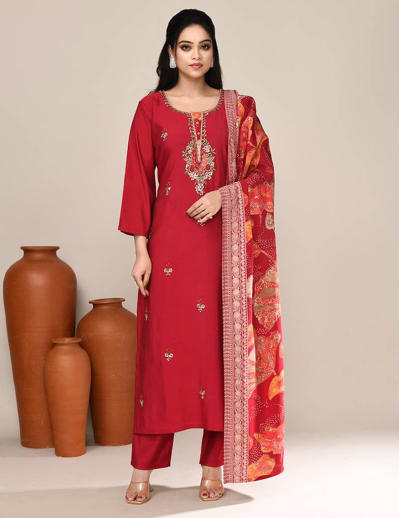 Maroon satin festive wear kurta set