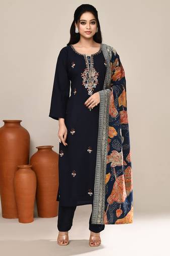 Navy blue satin festive kurta set