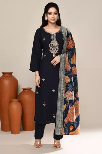 Navy blue satin festive kurta set
