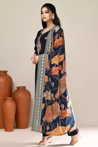 Navy blue satin festive kurta set