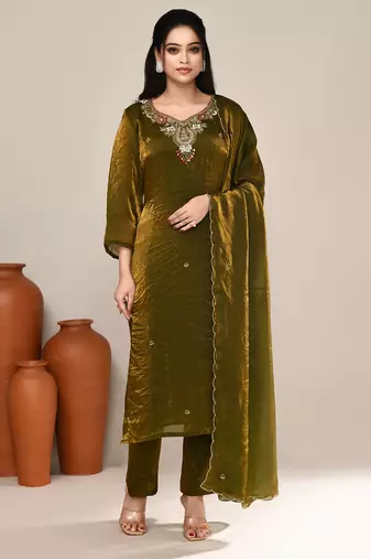 Olive shimmer embroidered kurta set
