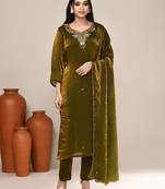 Olive shimmer embroidered kurta set