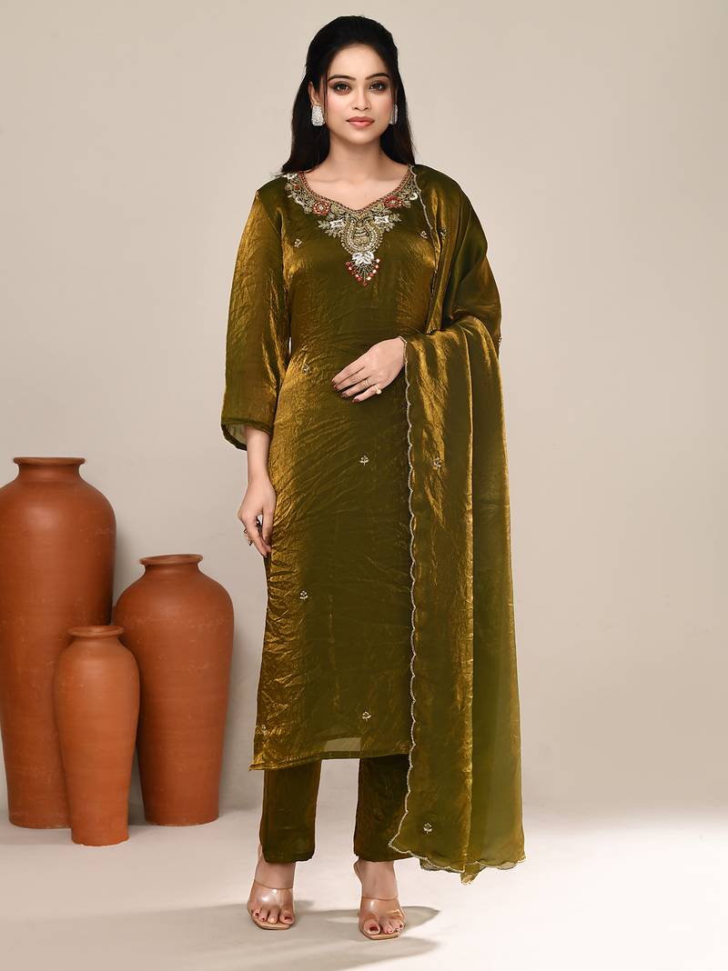 Olive shimmer embroidered kurta set