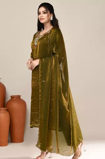 Olive shimmer embroidered kurta set