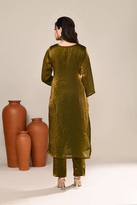 Olive shimmer embroidered kurta set 3
