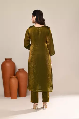 Olive shimmer embroidered kurta set
