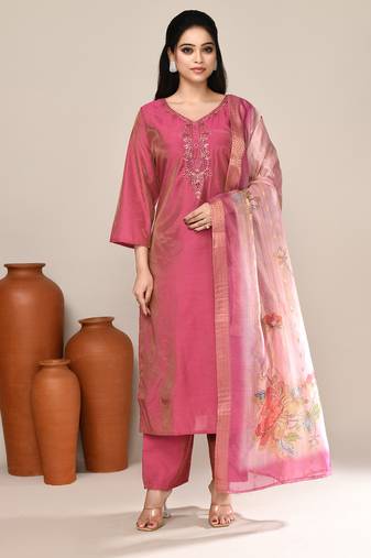 Pink cotton embroidered kurta set