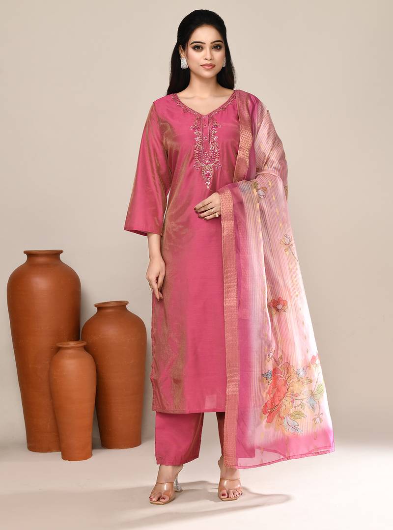 Pink cotton embroidered kurta set