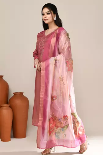 Pink cotton embroidered kurta set