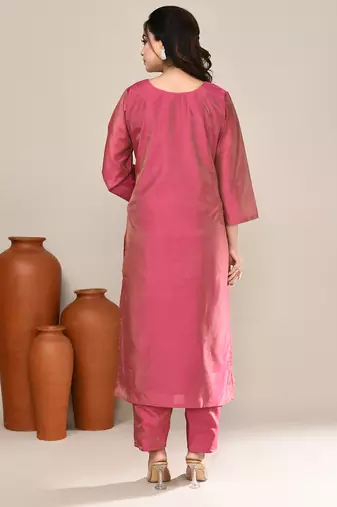 Pink cotton embroidered kurta set