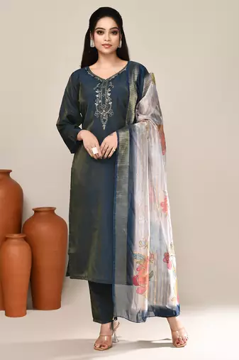 Blue cotton embroidered kurta set