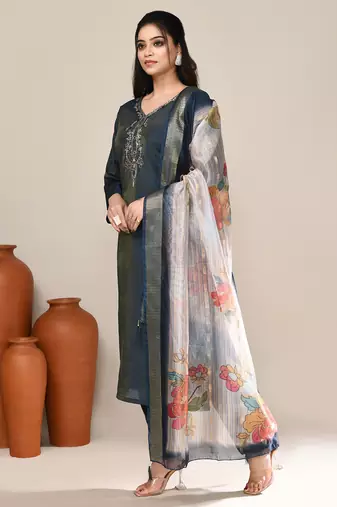 Blue cotton embroidered kurta set