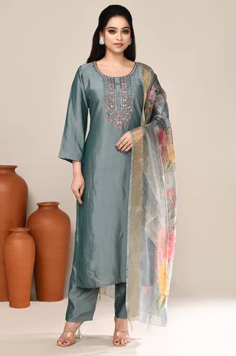 Grey satin embroidered kurta set
