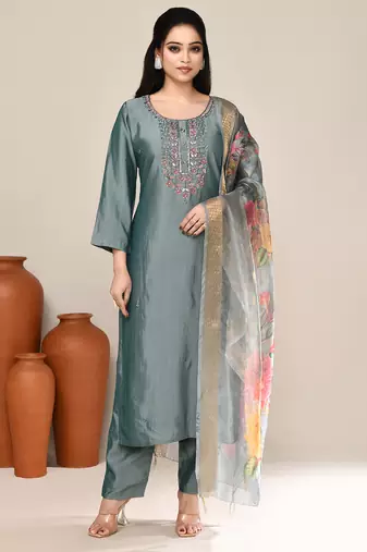 Grey satin embroidered kurta set