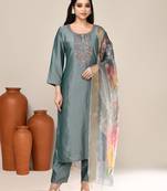 Grey satin embroidered kurta set