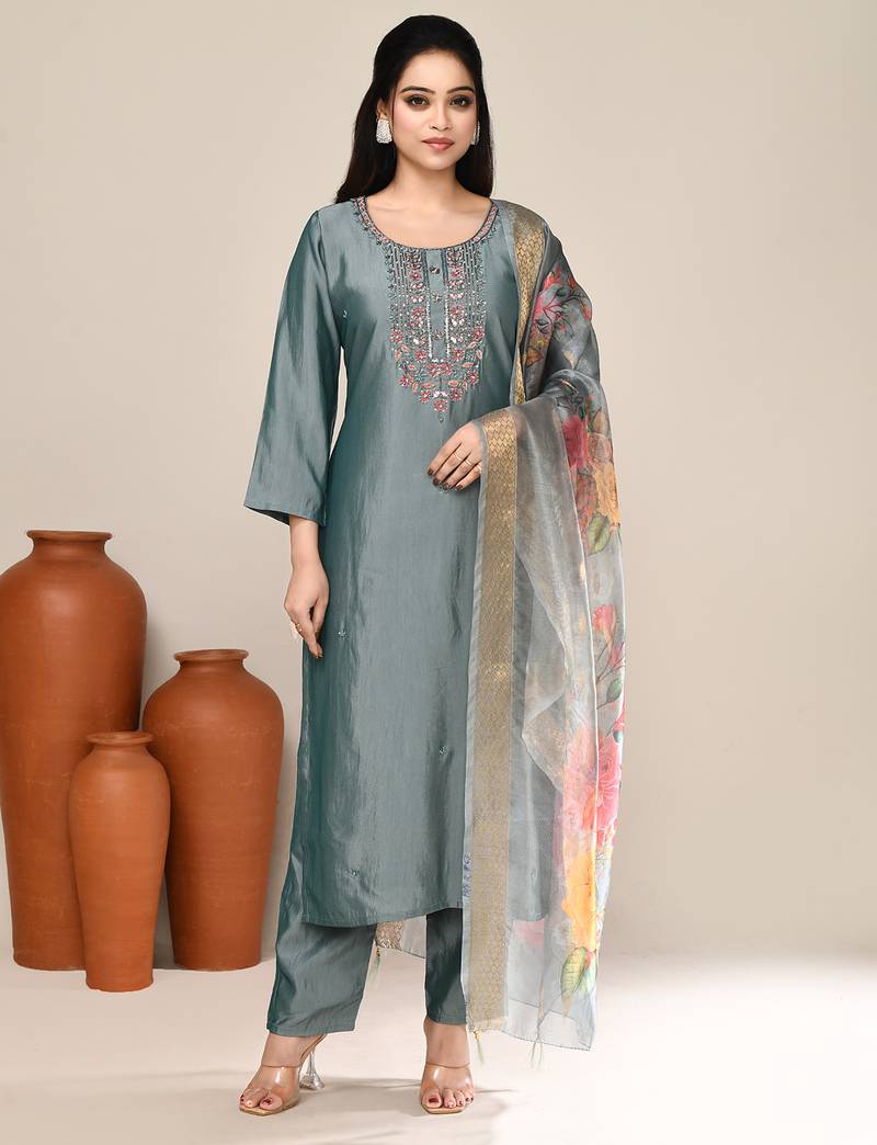 Grey satin embroidered kurta set