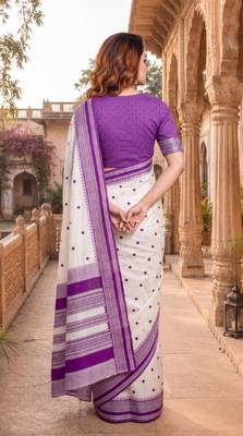 White & purple color pure soft silk blend zari weaving saree 2