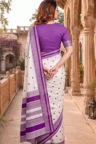 White & purple color pure soft silk blend zari weaving saree