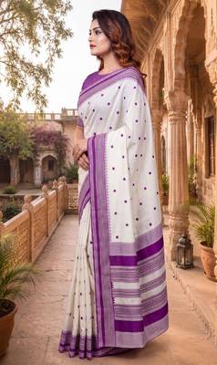 White & purple color pure soft silk blend zari weaving saree 3