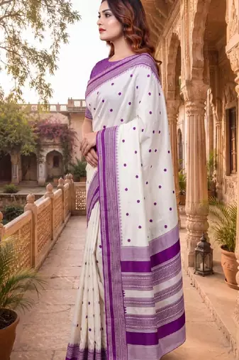 White & purple color pure soft silk blend zari weaving saree