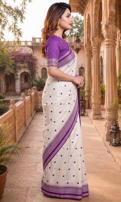 White & purple color pure soft silk blend zari weaving saree 4