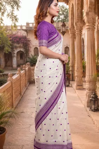 White & purple color pure soft silk blend zari weaving saree