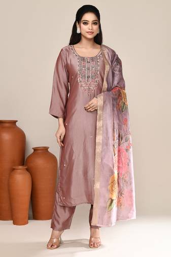 Lavender satin festive wear kurta set