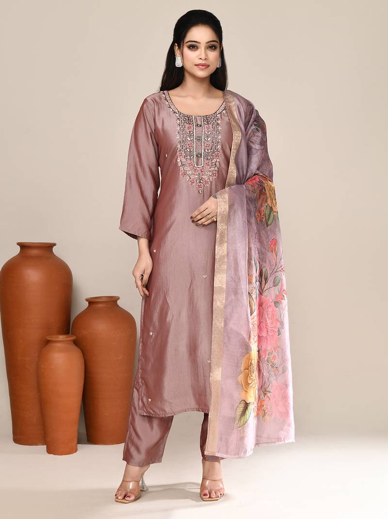 Lavender satin festive wear kurta set