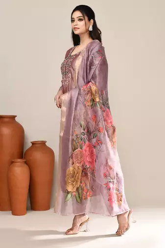 Lavender satin festive wear kurta set