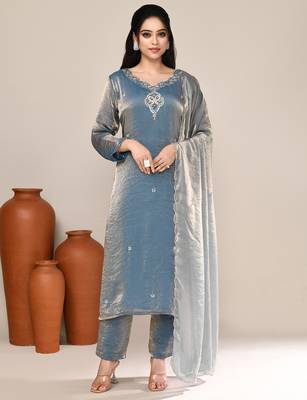 Blue satin embroidered kurta set 1