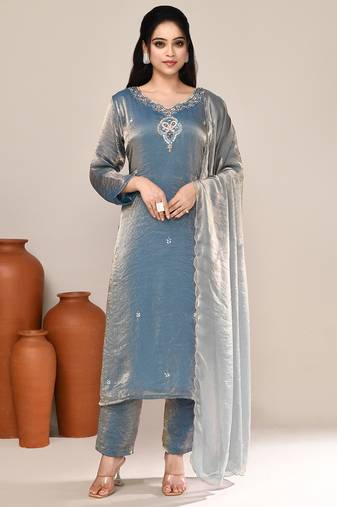 Blue satin embroidered kurta set