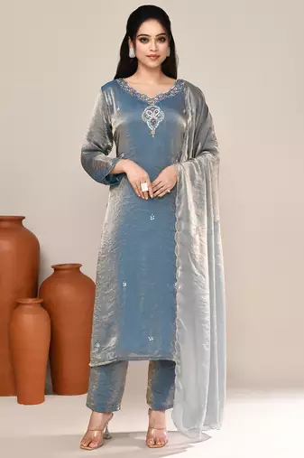 Blue satin embroidered kurta set
