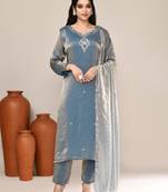 Blue satin embroidered kurta set