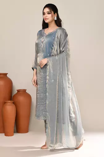 Blue satin embroidered kurta set