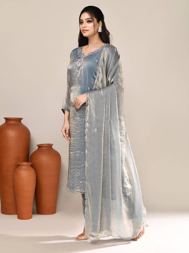 Blue satin embroidered kurta set