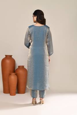 Blue satin embroidered kurta set 3