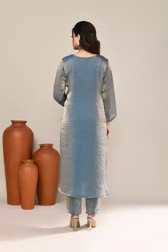 Blue satin embroidered kurta set