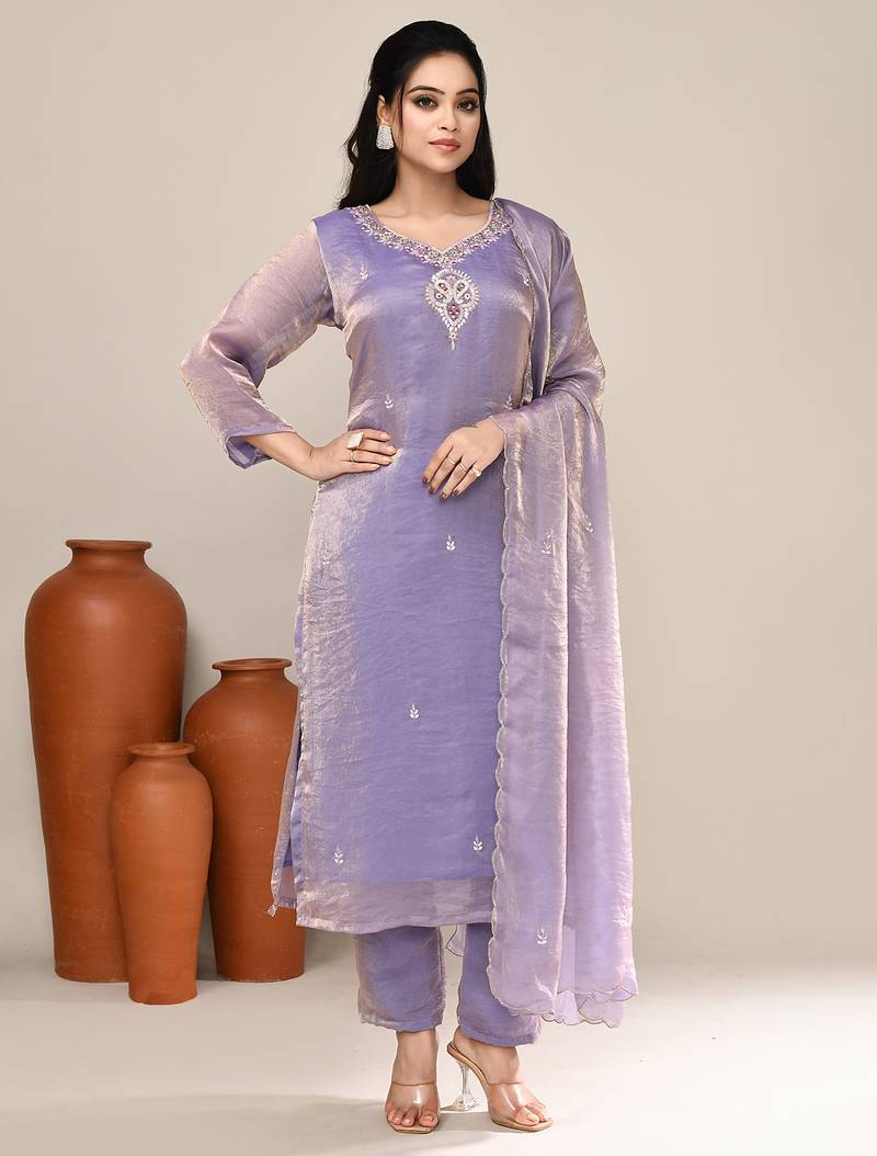 Lavender satin party wear kurta set