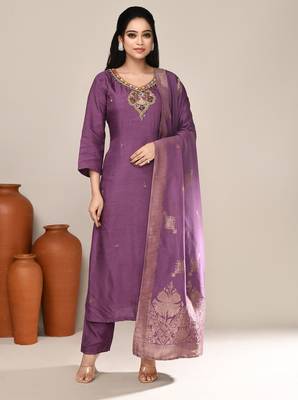 Purple art silk festive kurta set 1