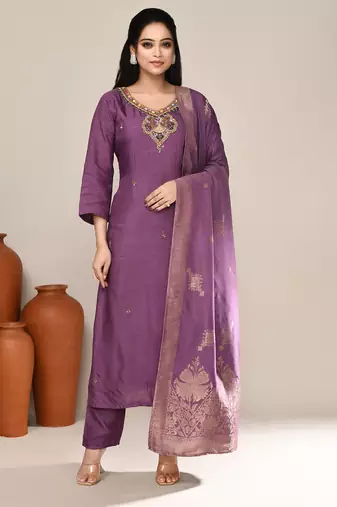 Purple art silk festive kurta set
