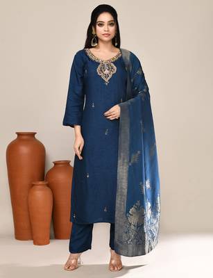 Blue art silk festive kurta set 1